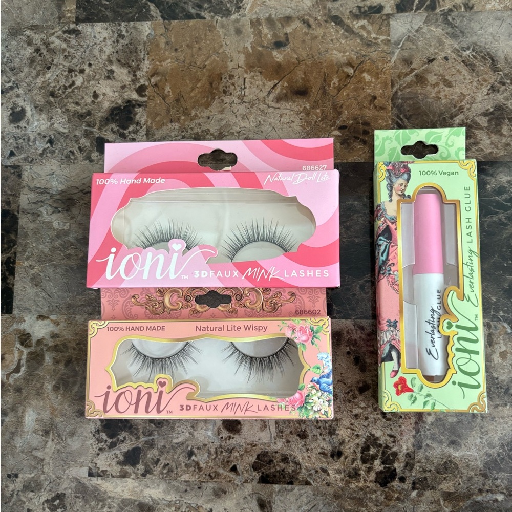 Ioni 3D Faux Mink Lashes & Glue Set Flexible Band Reusable 100% Handmade New